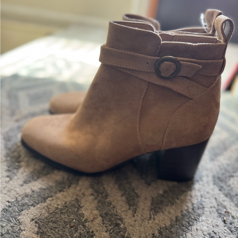 Sonoma Taupe Suede Ankle Booties with Buckle Detail
